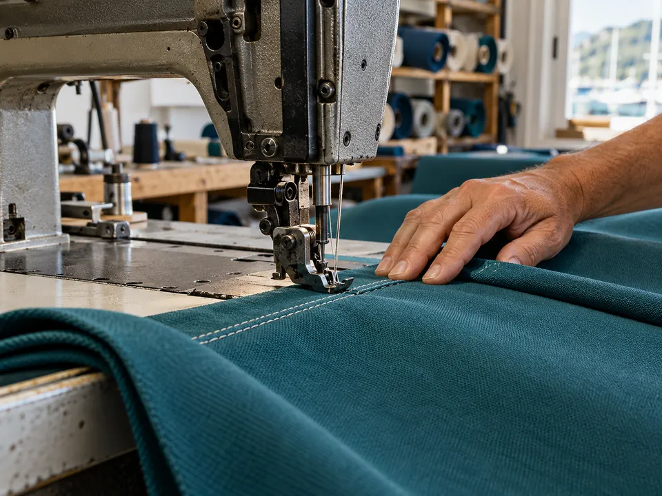 Hands stitching heavy outdoor canvas on an industrial sewing machine