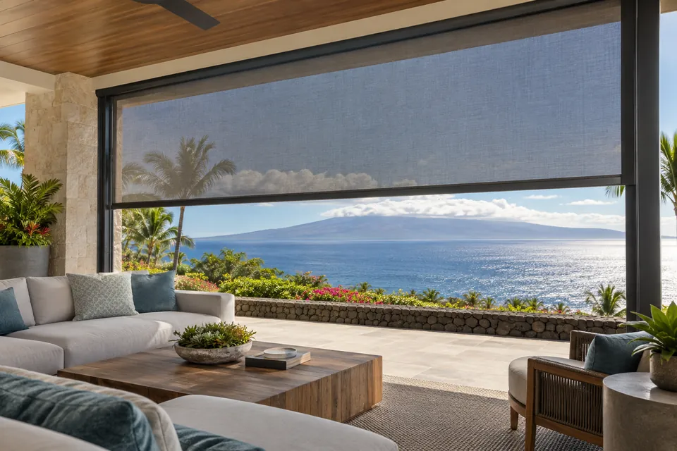 Track-guided mesh shade screen on an ocean-view lanai